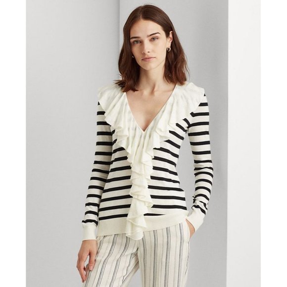 LAUREN Ralph Lauren Ruffle-Trim Striped Sweater NWT - Size Small - Picture 2 of 3